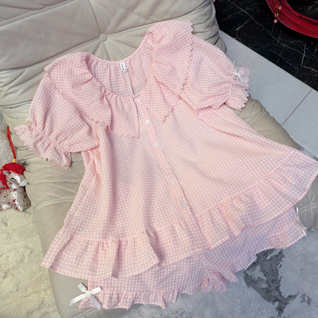 Set ngủ thô kẻ cộc tay mềm mại, bánh bèo  Set bộ mặc nhà, đi dạo chơi, sang trọng