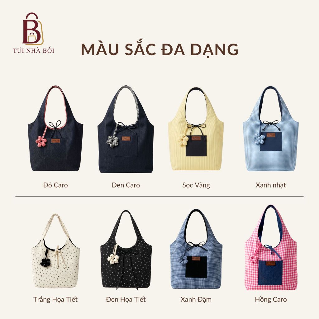 Túi Tote Nữ Canvas Caro 2 Mặt Có Charm Hoa, Đeo Vai Đi Học,Đi Chơi Thời Trang, Túi Nhà Bối T-10. | BigBuy360 - bigbuy360.vn