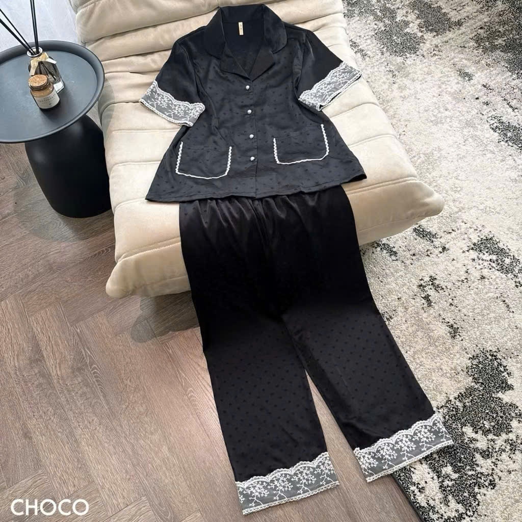 Bộ Ngủ Pyjama Lụa Mềm Mướt Chấm Bi Phối ren viền túi Bèo Tiểu Thư