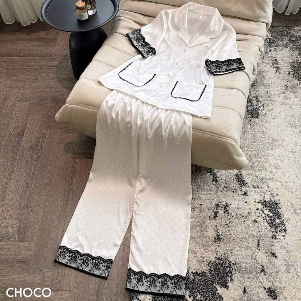 Bộ Ngủ Pyjama Lụa Mềm Mướt Chấm Bi Phối ren viền túi Bèo Tiểu Thư