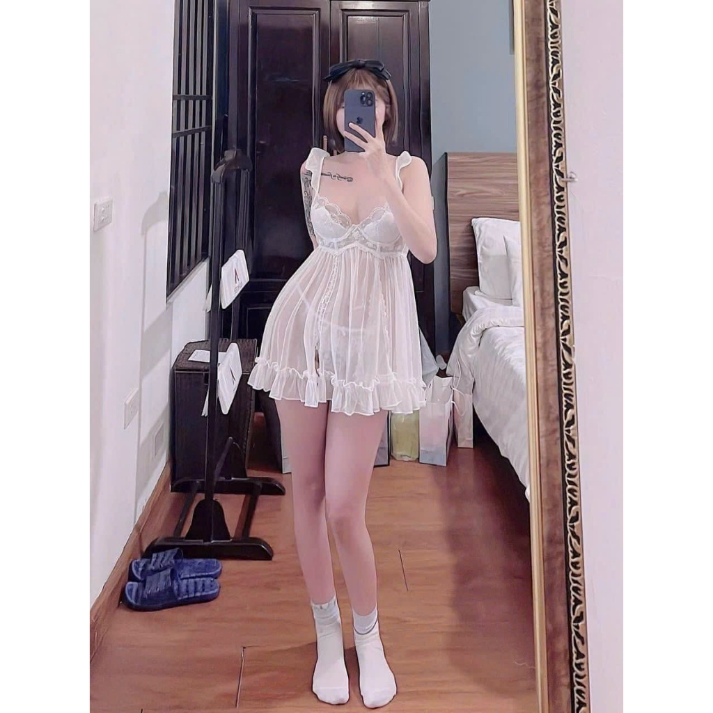 Váy ngủ lụa 2 dây phối nơ ngực hở lưng QC cao cấp Váy mặc nhà sexy quyến rũ
