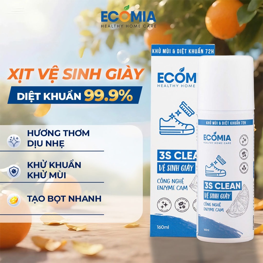 Xịt Vệ Sinh Giày 3S Clean ECOMIA 100ml, Chai Vệ Sinh Giày Khô Sạch Và Khử Mùi Hôi Giày