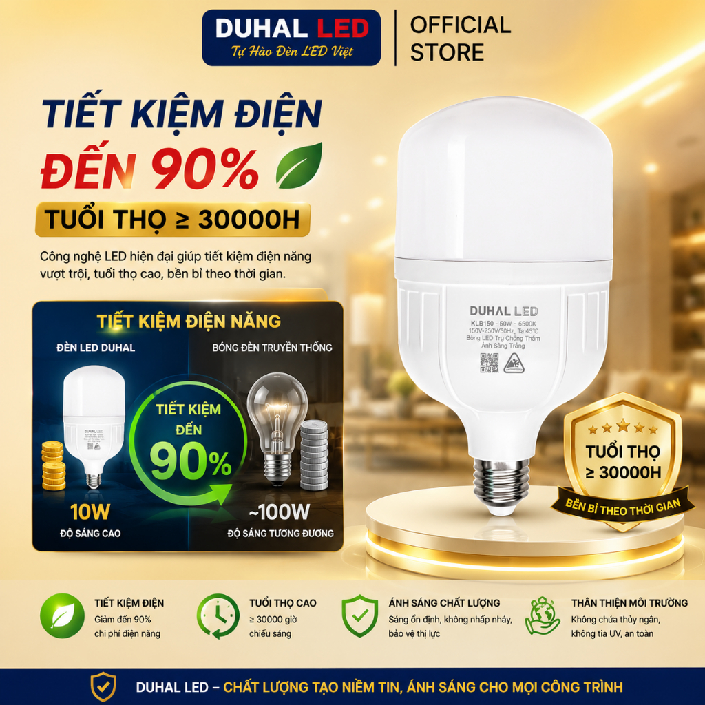 Bóng Đèn LED Trụ DUHAL KLB Ánh Sáng Trắng, Siêu sáng 20W 30W 40W 50W 60W
