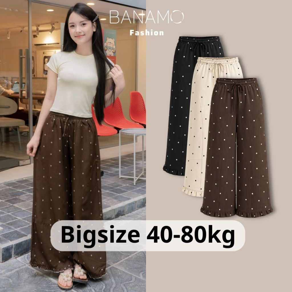 Quần ống rộng nữ BIGSIZE Banamo Fashion quần chấm bi cạp chun kèm dây rút phối bèo gấu tôn dáng phong cách Hàn Quốc 999