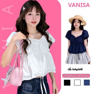 Áo  babydoll nữ xinh cổ vuông voan mỏng nhẹ tay bồng form rộng trễ vai VANISA CT431