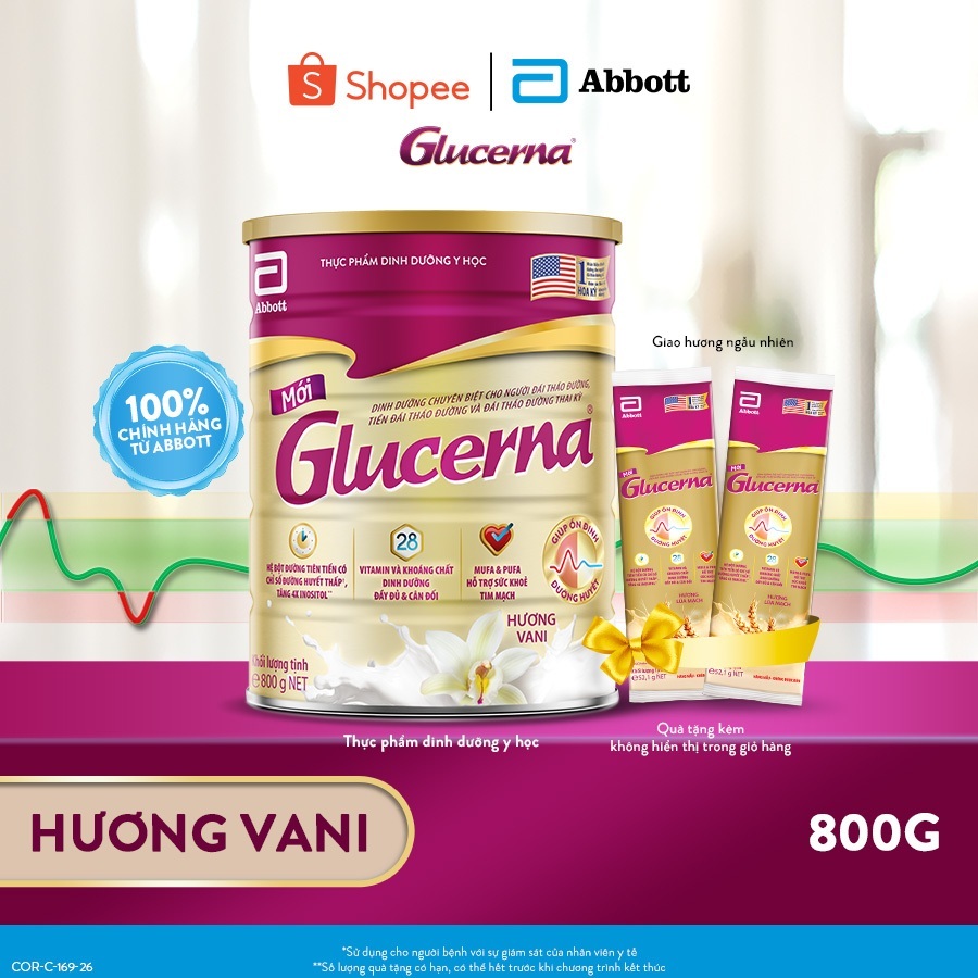[Tặng 2 gói dùng thử] Sữa bột Glucerna Hương Vani 800g dành cho người bị tiểu đường