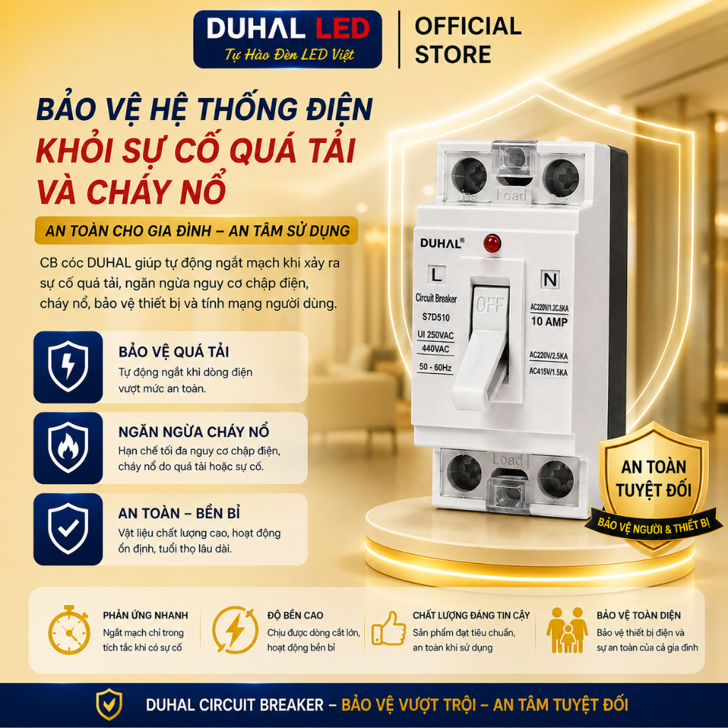 CB Cóc DUHAL S7D5, Cầu Dao Điện MCB Có Đèn Báo An toàn 10A 15A 20A 30A 40A