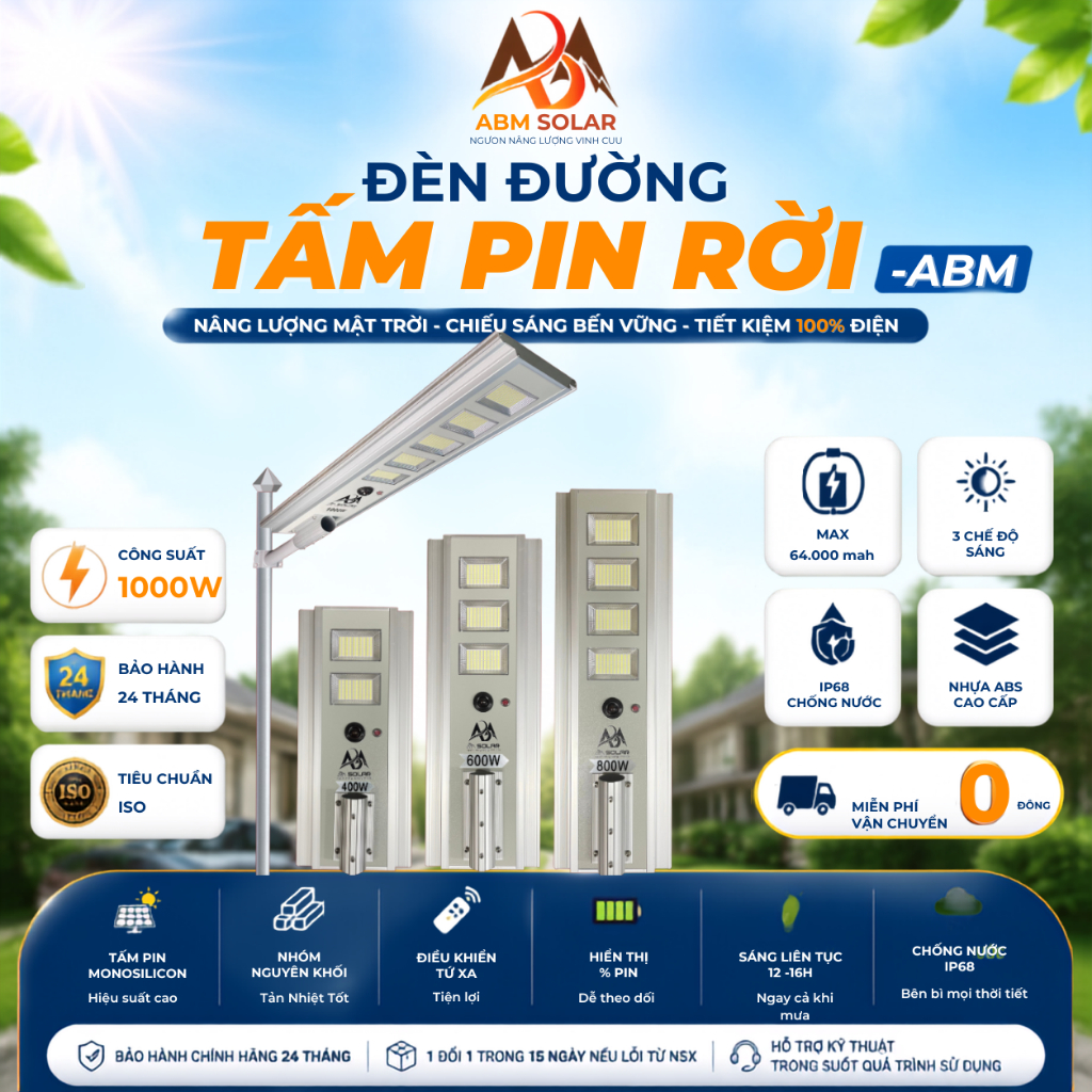 Đèn Công Trình Năng Lượng Mặt Trời ABMSOLAR 1000W, Vỏ Nhôm Đúc Nguyên Khối, Pin 100.000mAh, Chống Nước IP68, Remote Tiện