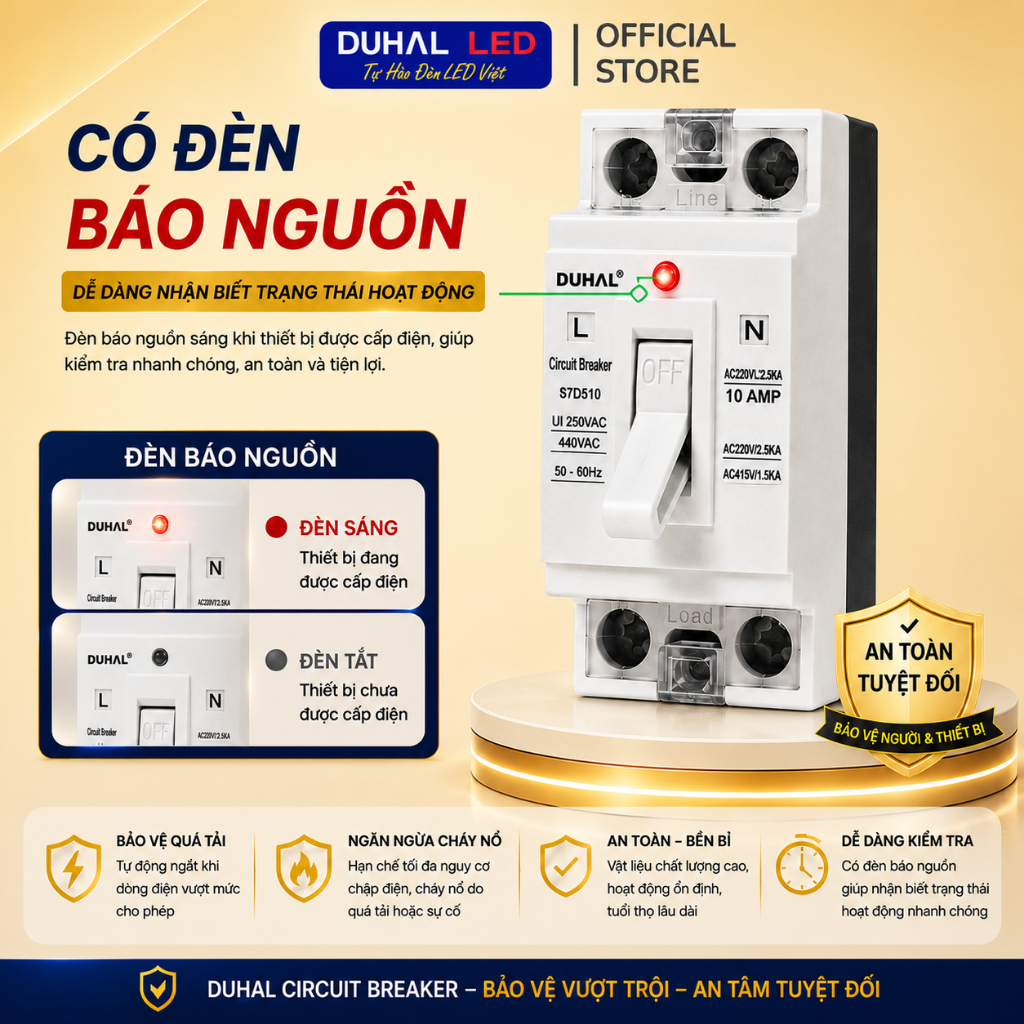 CB Cóc DUHAL S7D5, Cầu Dao Điện MCB Có Đèn Báo An toàn 10A 15A 20A 30A 40A