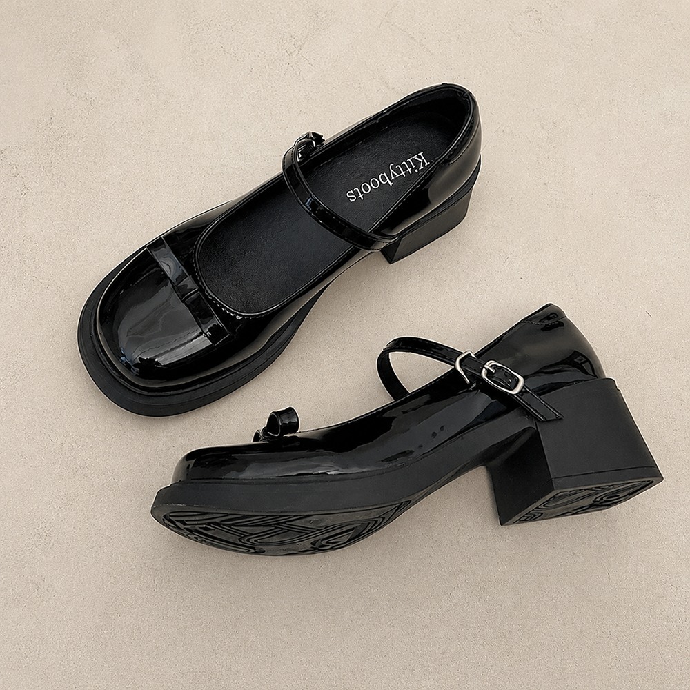 Giày mary jane nữ da bóng nơ xinh gót vuông cao 5cm phong cách Nhật