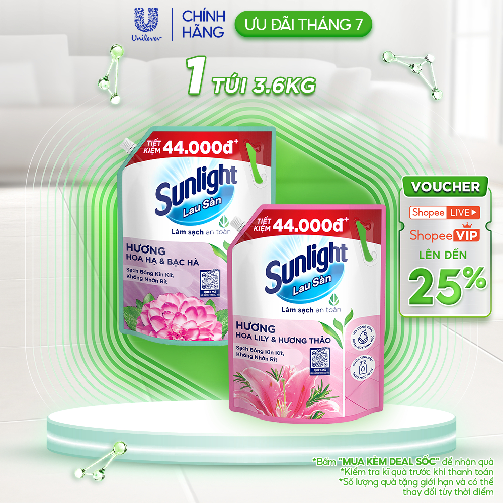 Nước Lau Sàn Sunlight Tinh Dầu Thảo Mộc Sạch Bóng | Túi 3,6 KG | Hoa Hạ - Bạc Hà | Lily - Bạch Trà | Hoa Lavender