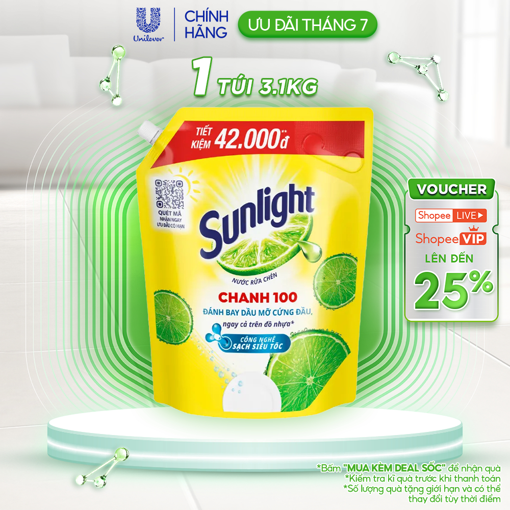 Nước Rửa Chén Bát Sunlight Chanh 100 | Sạch Dầu Mỡ Đồ Nhựa | Túi 3.5KG/3.1Kg