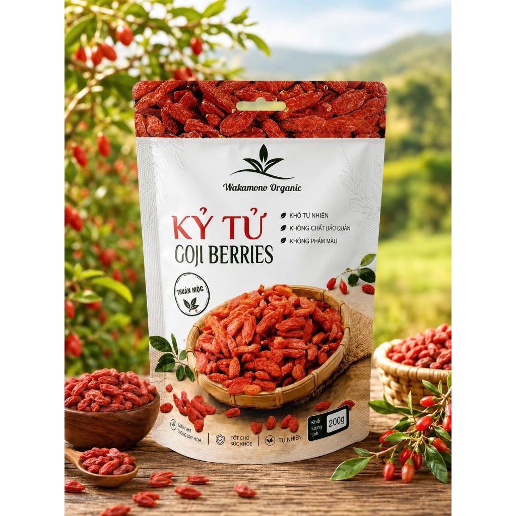 Kỷ tử đỏ Wakamono Organic của vùng Ninh Hạ không sấy lưu huỳnh, không chất bảo quản.