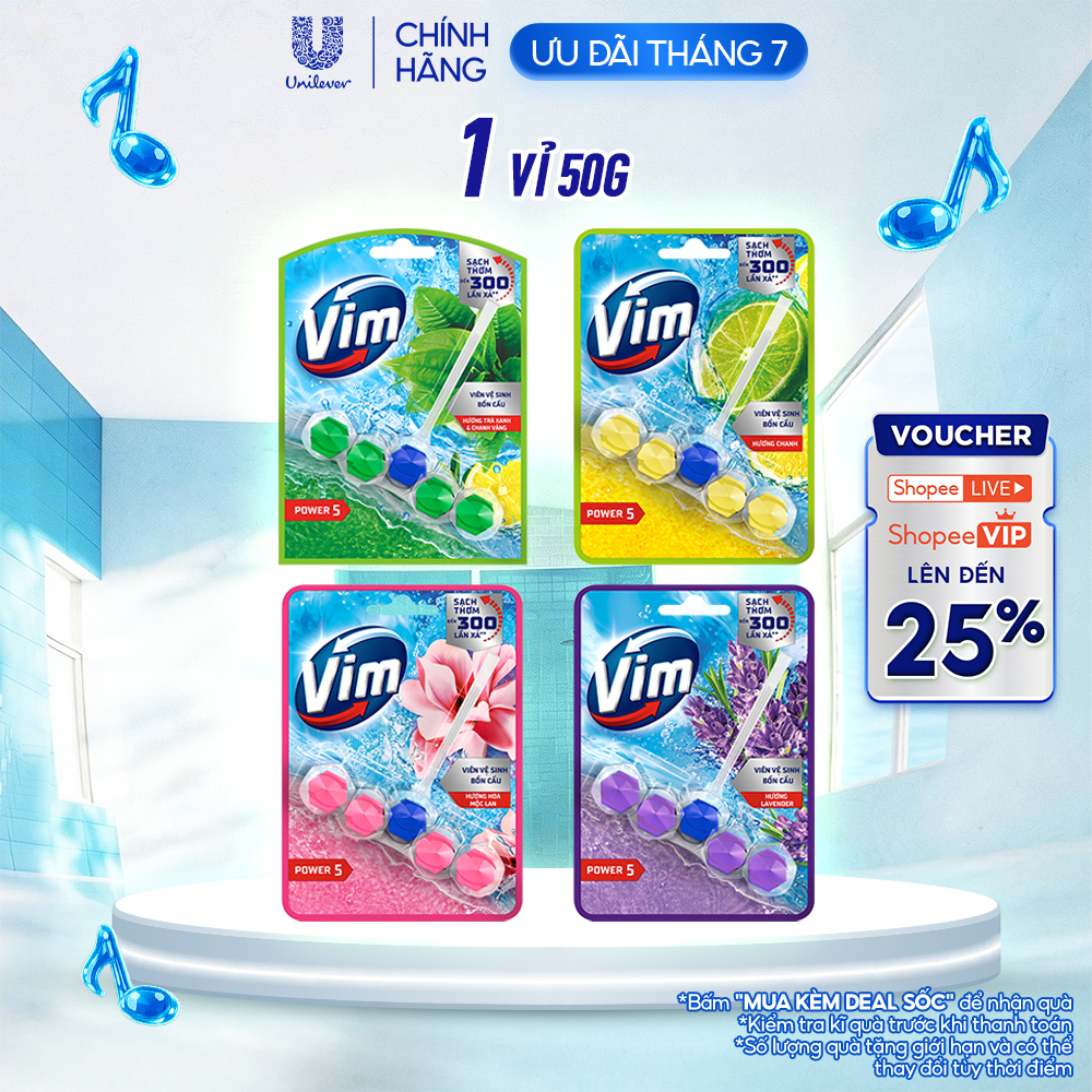 Viên Treo Vệ Sinh Bồn Cầu Vim Power 5 | Sạch Thơm Đến 300 Lần Xả (50- 55g/viên)