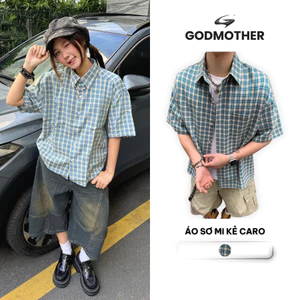 Áo Sơ Mi Kẻ Tay Ngắn GODMOTHER Sơ Mi Kẻ Caro Xanh/ Vàng Unisex Năng Động