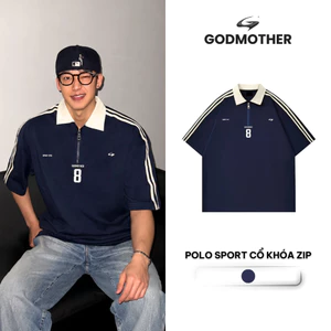 Áo Polo Thể Thao GODMOTHER Áo Cổ Zip Phối Line In Hình Unisex Phong Cách Tối Giản Năng Động