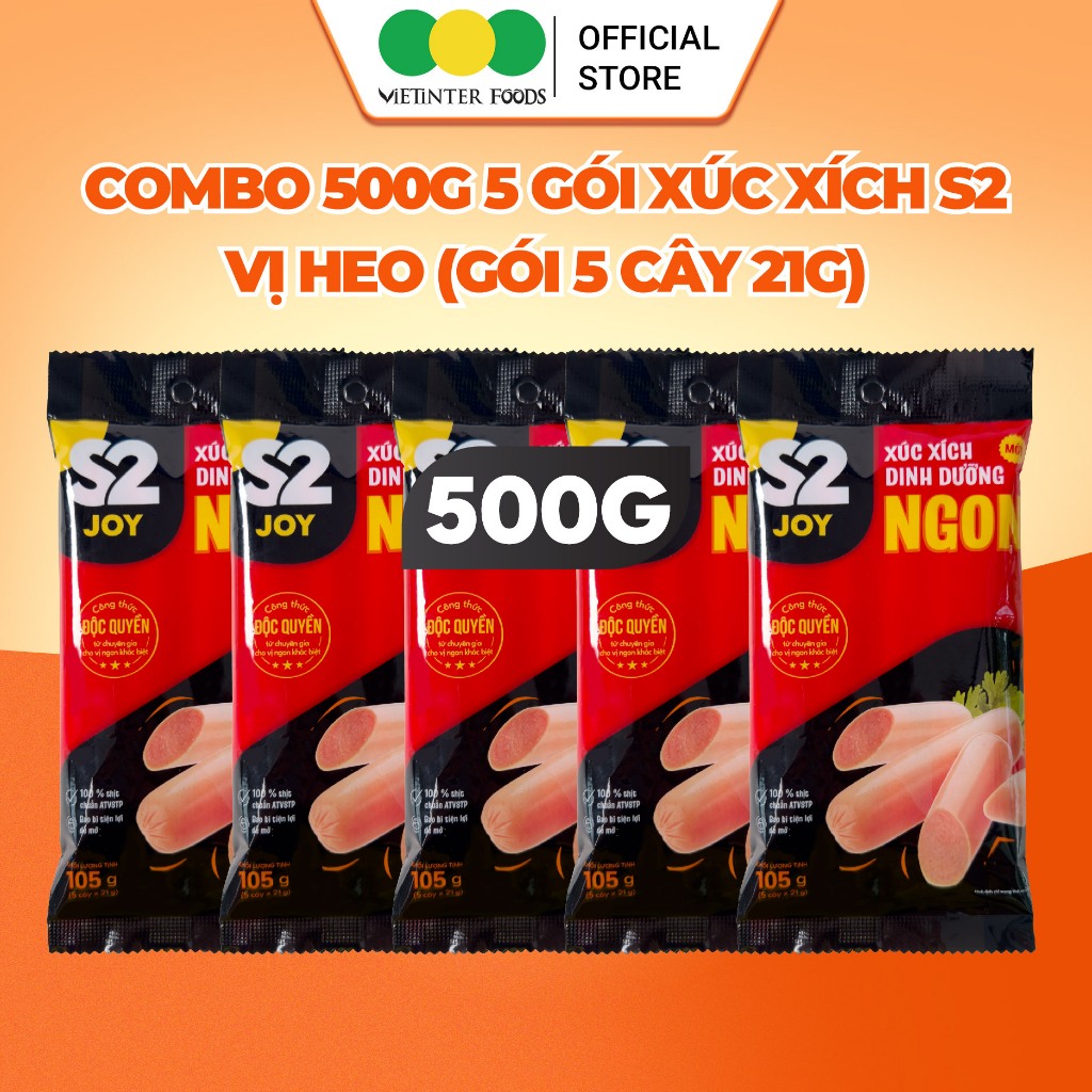 Combo 5 Gói 25 Cây Xúc Xích Dinh Dưỡng Tiệt Trùng S2 Vietinter Foods (Cây 21g)