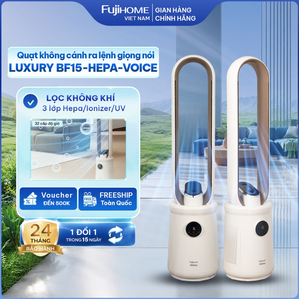 Quạt không cánh lọc không khí HEPA Fujihome LUXURY BF15-HEPA-VOICE điều khiển giọng nói,32 cấp gió phun sương diệt khuẩn