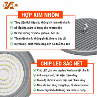 Đèn LED Nhà Xưởng UFO LUXSUN Màu Xám 100W 150W 200W 300W Siêu Sáng Chiếu Kho Xưởng Nhà Máy Bảo Hành 12 Tháng