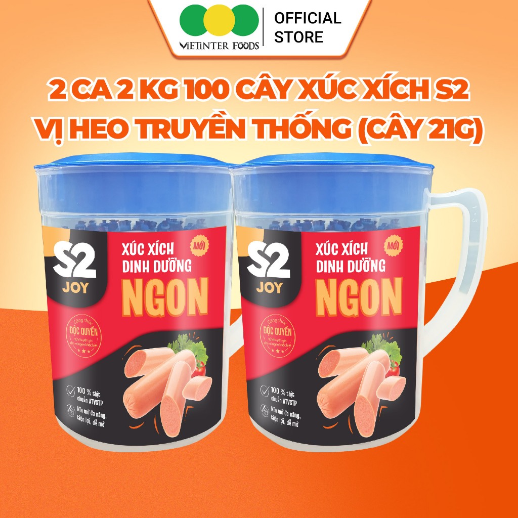 Combo 2 Ca 100 Cây Xúc Xích Dinh Dưỡng Tiệt Trùng S2 Vietinter Foods (Cây 21g)