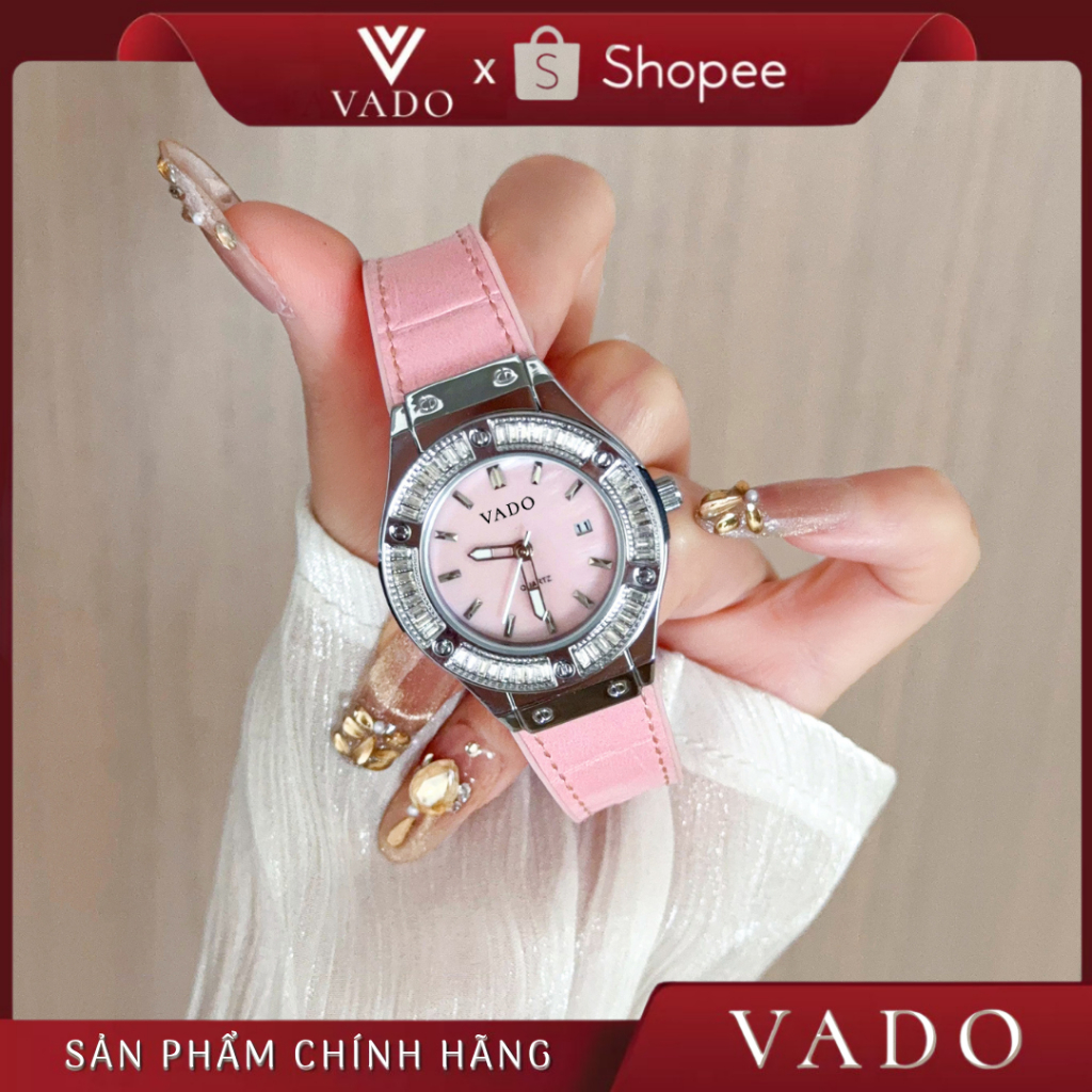 Đồng Hồ Nữ Dây Da Vân Tự Nhiên - Viền Đính Đá Lấp Lánh - Phong Cách Tiểu Thư - DH9206 VADO