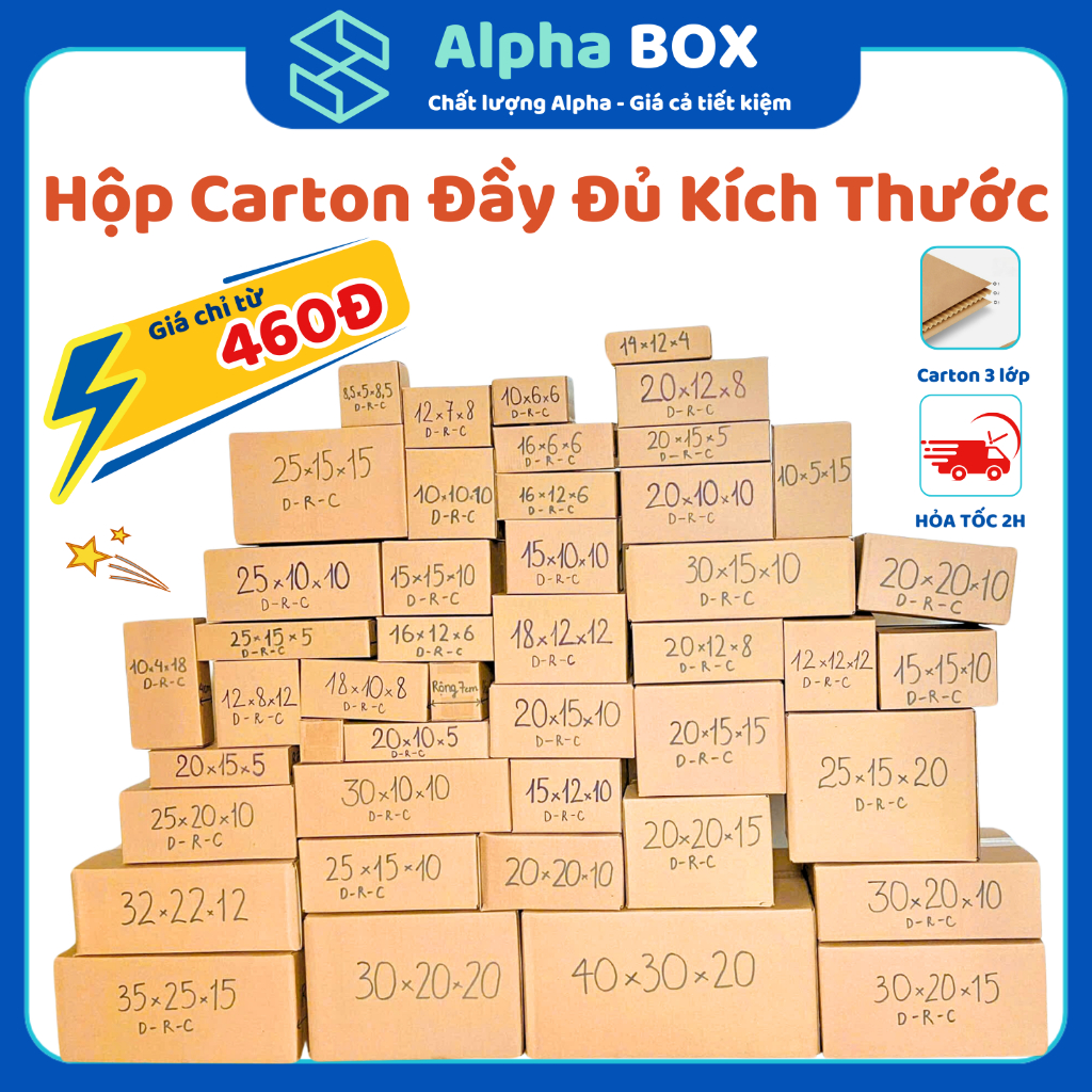 [HỎA TỐC] Combo 10 Hộp carton ĐẦY ĐỦ KÍCH THƯỚC, hộp carton đóng hàng 3 lớp siêu cứng giá rẻ - ALPHA BOX