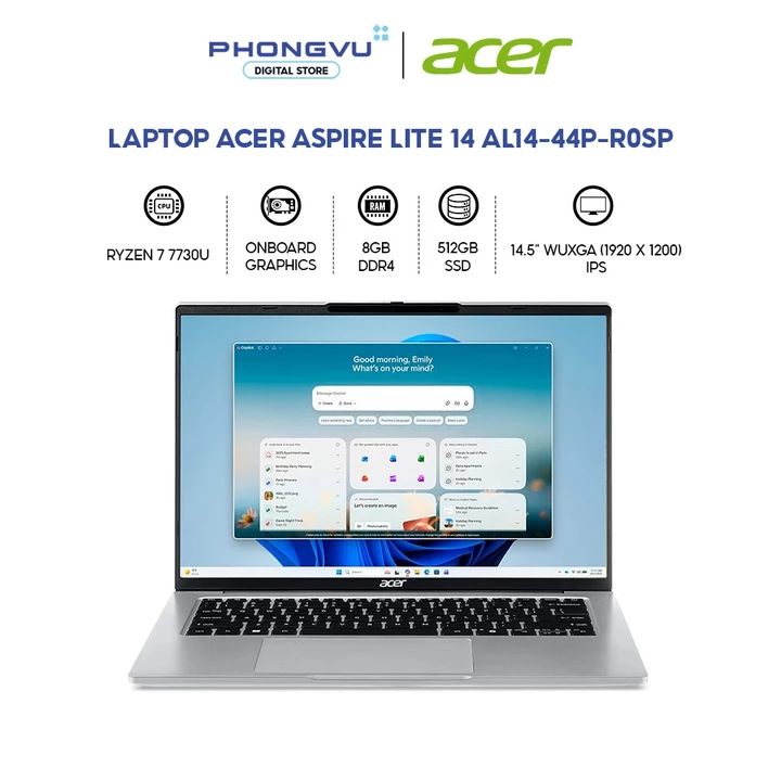 Laptop Acer Aspire Lite 14 AL14-44P-R0SP (Ryzen 7 7730U/ 8GB/ 512GB/ Windows 11 Home SL) - Bảo hành 12 tháng