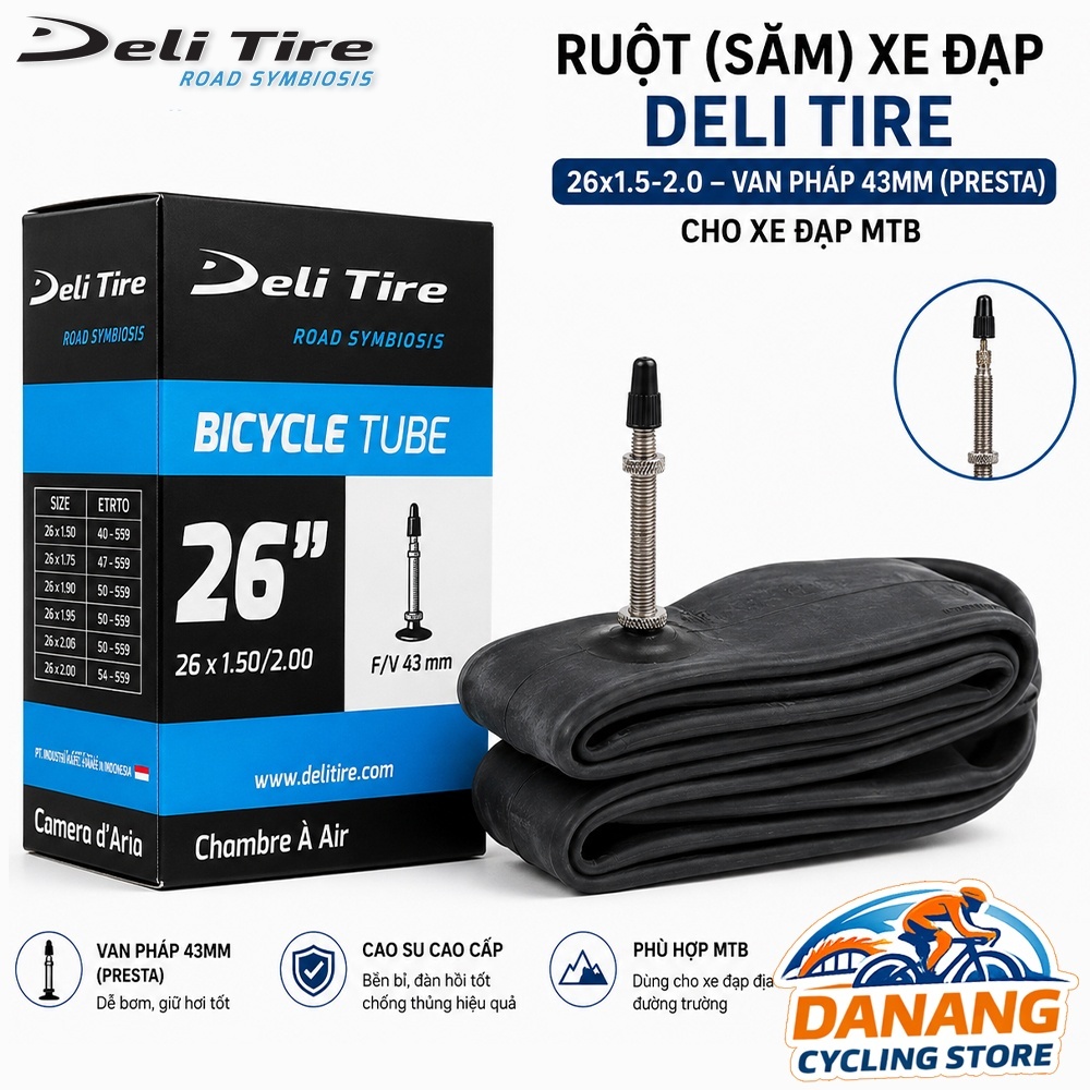 Ruột (Săm) Xe Đạp Deli Tire 26x1.5-2.0 – Van Pháp Xe Đạp 43mm (Presta) Cho Xe Đạp MTB
