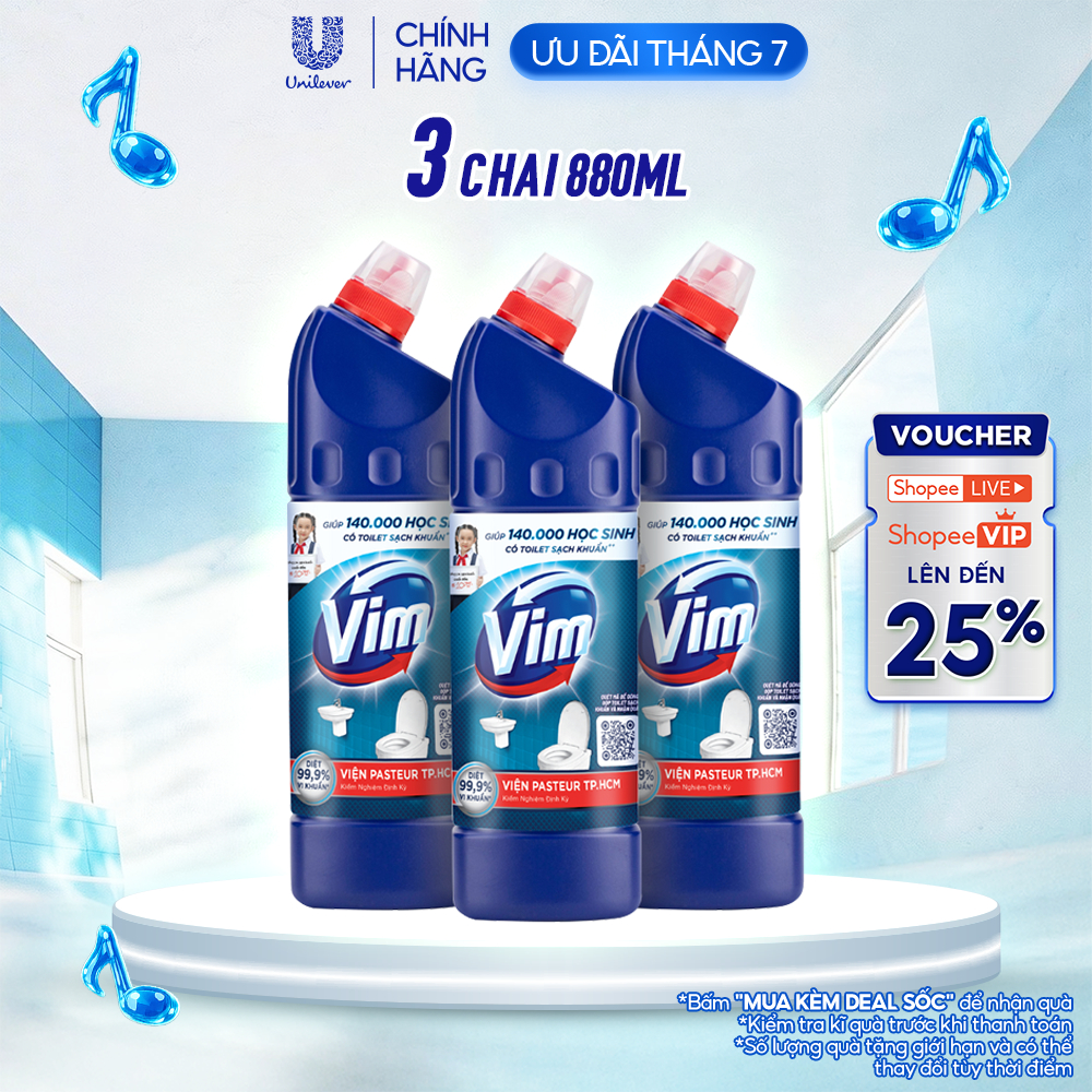 Combo 3 Nước Tẩy Bồn Cầu và Nhà Vệ Sinh Vim Diệt Khuẩn| Diệt 99,9% Vi Khuẩn (880ml)