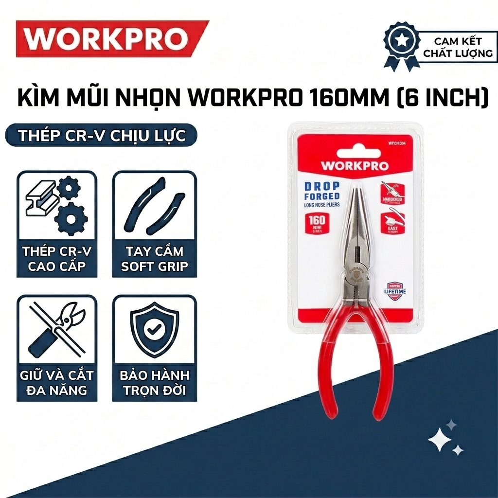Kìm nhọn WORPRO 160mm - 6 inch WP231004, 200mm - 8 inch WP231005 bằng thép Cacbon cao cấp - Hàng chuẩn chính hãng