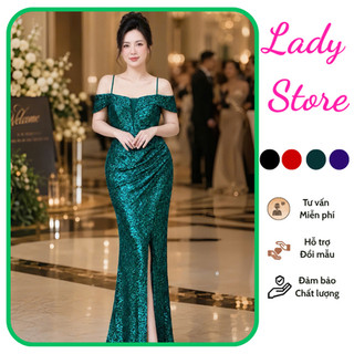 Dạ hội kim sa maxi dáng dài trung niên rối bẹt vai lưới ngực sang trọng, dự tiệc, sinh nhật[damvaythietke] M080
