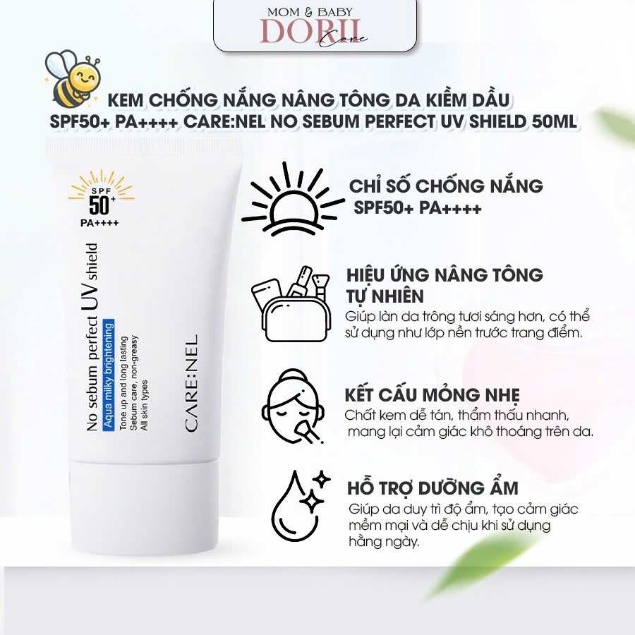 Kem Chống Nắng Care:Nel No Sebum Perfect UV Shield Trắng Sáng Da SPF50+/PA++++ 50ml