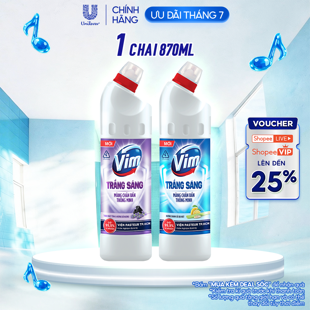 Nước Tẩy Bồn Cầu và Nhà Vệ Sinh Vim Trắng Sáng | Sạch Thơm Dịu Mát Với Hương Chanh Sả và Hương Lavender (870ml)