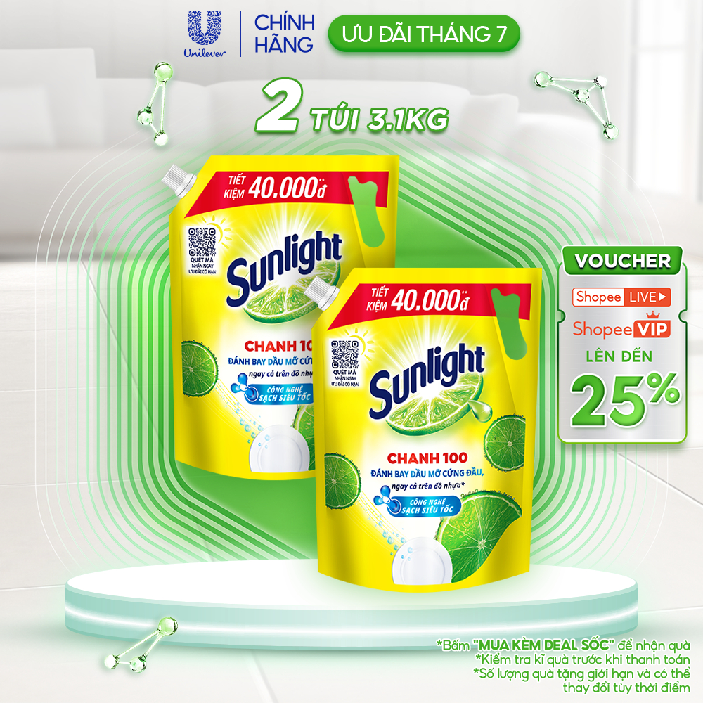 COMBO 2 Nước Rửa Chén Bát Sunlight Chanh 100 | Sạch Dầu Mỡ Đồ Nhựa | Túi 4x3.1Kg
