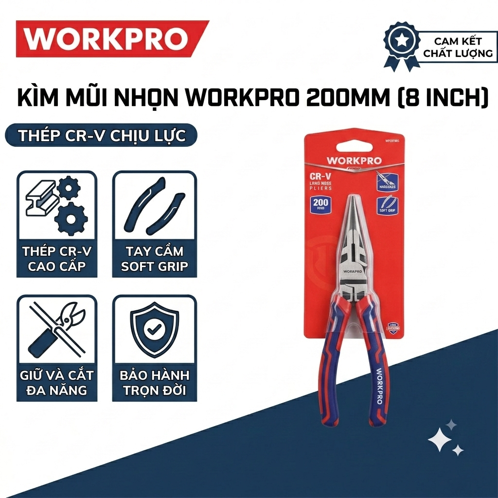 Kìm nhọn dài WORKPRO WP231102 bằng thép CR-V cao cấp 8 inch - 200mm - Hàng chuẩn chính hãng