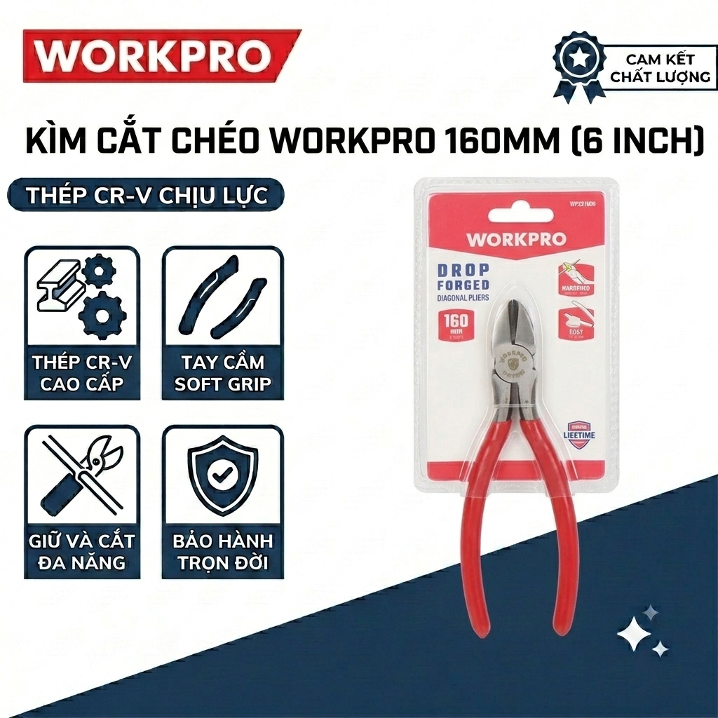 Kìm cắt WORKPRO 160mm (6 inch) WP231006, 190mm (7-1/2 inch) WP231007 chất liệu bằng thép Cacbon bền bỉ được xử lí nhiệt