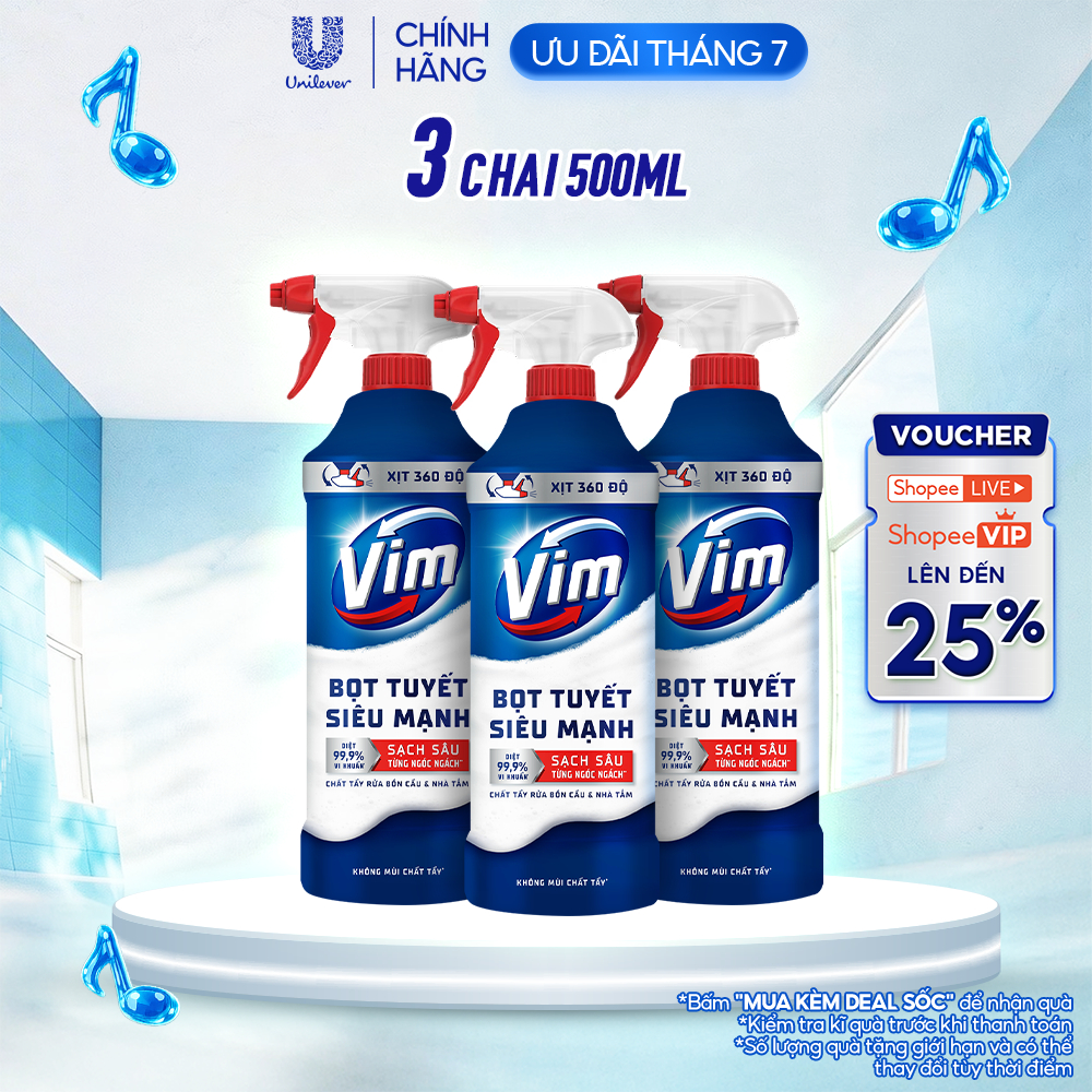 Combo 3 Chai Bọt Tuyết Siêu Mạnh Tẩy Bồn Cầu và Nhà Vệ Sinh Vim | Diệt 99,9% Vi Khuẩn (500ml)
