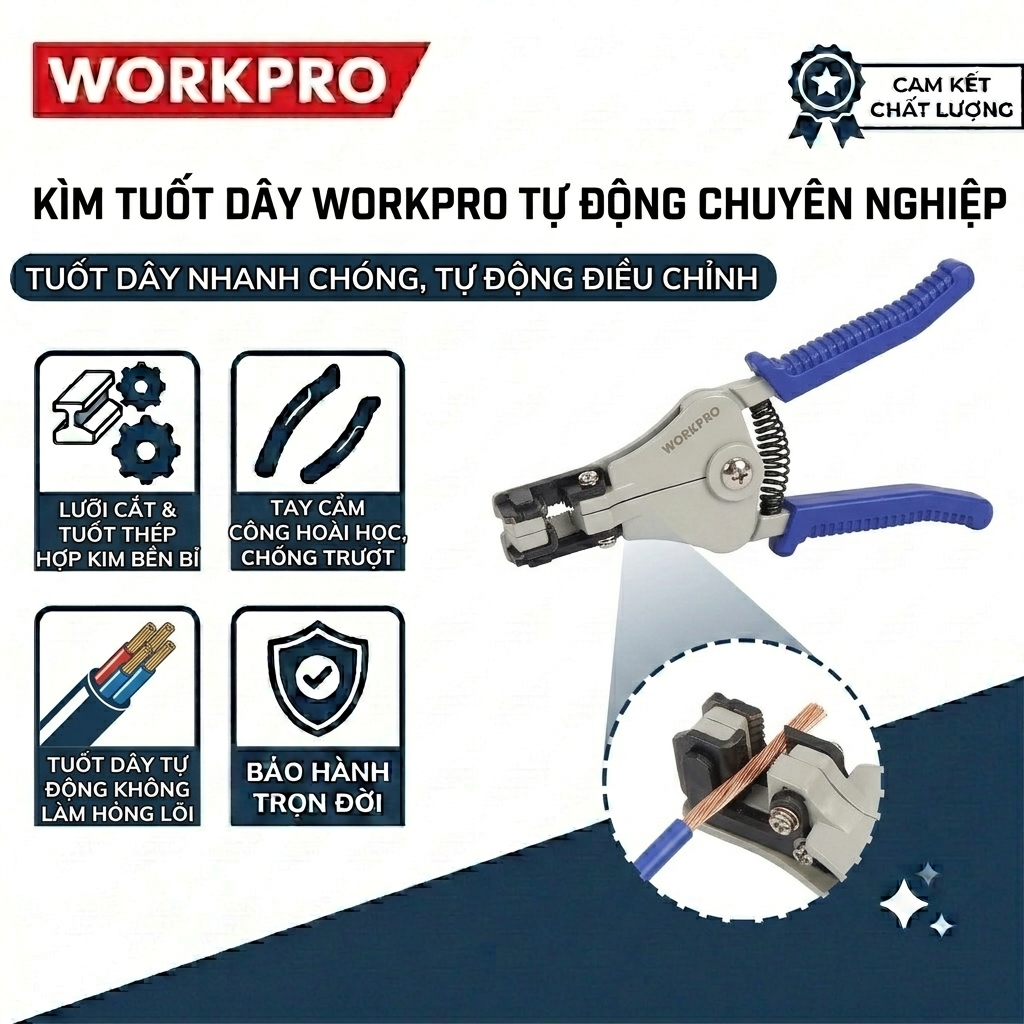 Kìm tuốt dây tự động WORKPRO WP291006 kích thước 168mm (6-1/2 inch), khả năng cắt 8-18AWG (1 - 3,2mm) - Hàng chính hãng