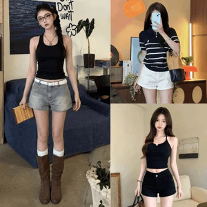 Quần Short Jean Cạp Trễ Dáng Ngắn Màu Xanh Wash Retro Chất Jean Denim Ống Rộng Hack Chân Tôn Dáng