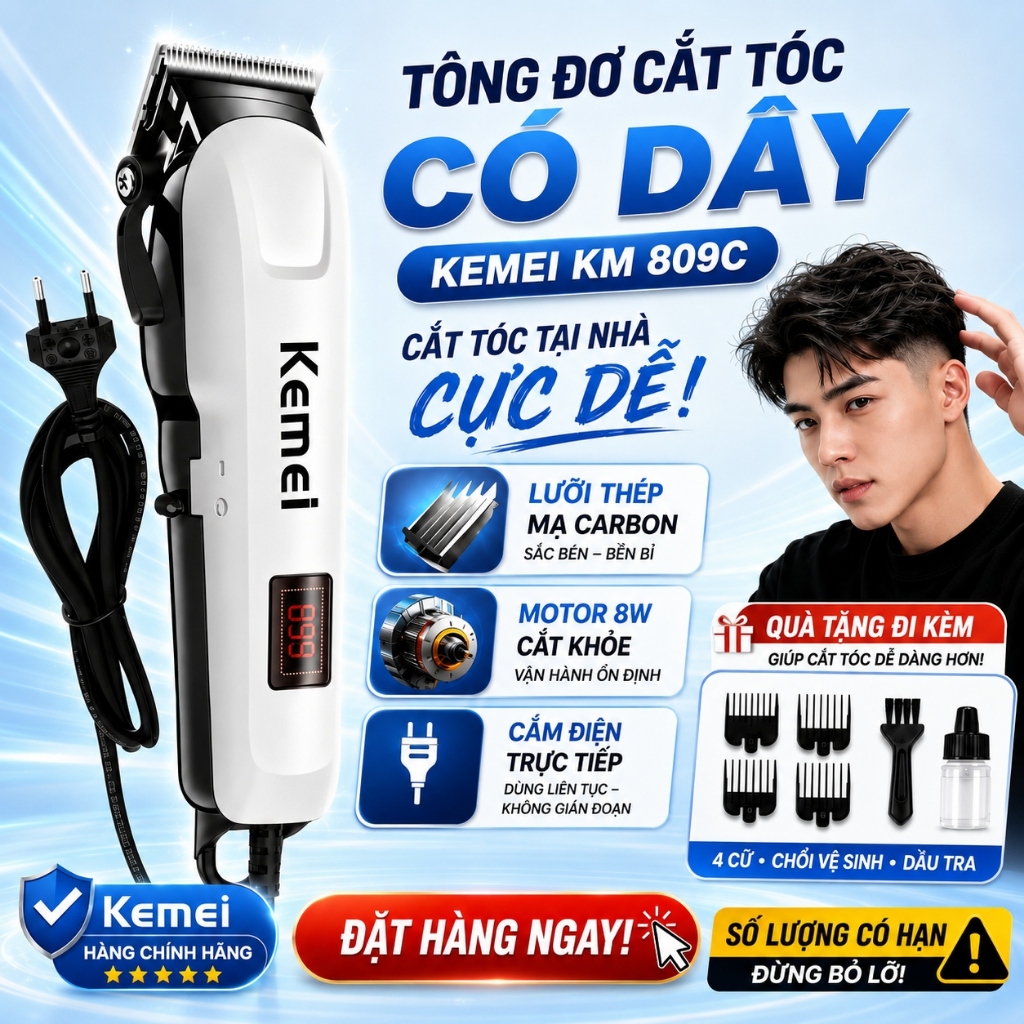 Tông Đơ Cắt Tóc Có Dây Kemei 809C, Tăng Đơ Cắt Tóc Nam Chính Hãng Lưỡi Sắc, Màn Hình LED Đa Năng
