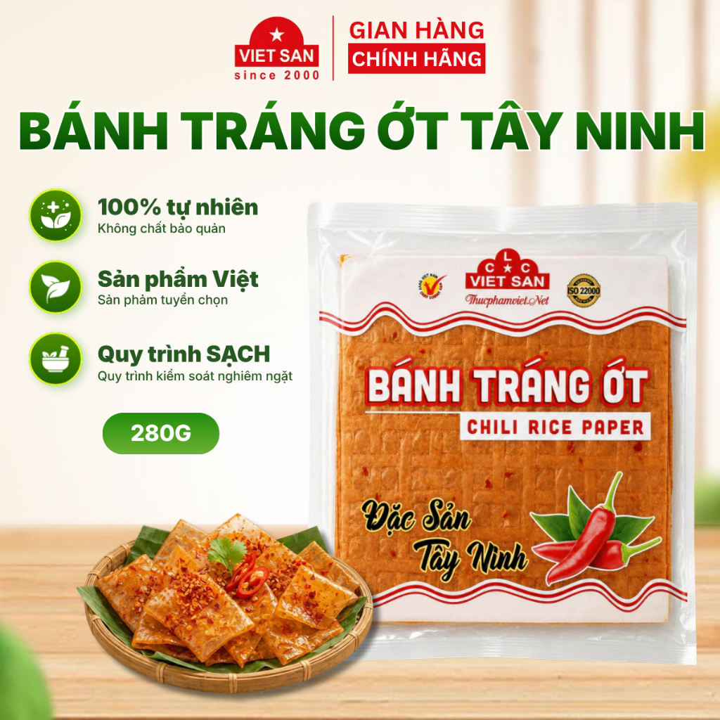 Bánh Tráng Ớt Tây Ninh Việt San Gói 280g - Vị Cay Nồng Dẻo Thơm Ăn Vặt Ngon