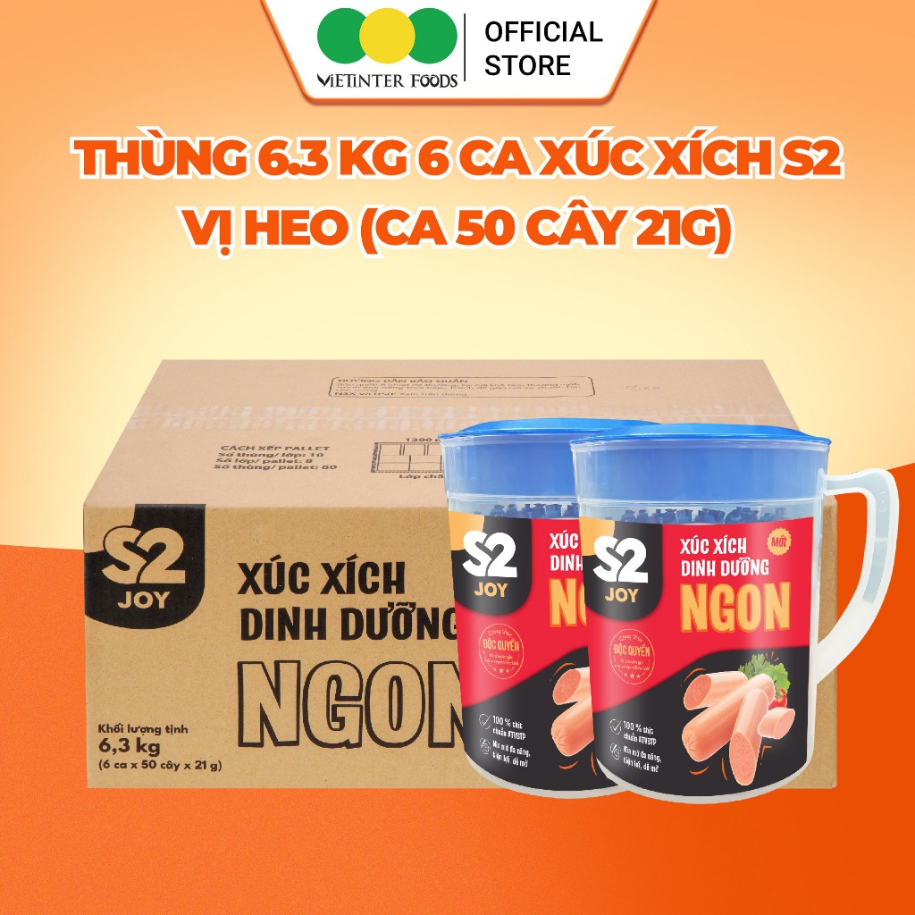 Thùng 6 Ca Xúc Xích Dinh Dưỡng Tiệt Trùng S2 Vietinter Foods (Ca 50 Cây, Cây 21g)