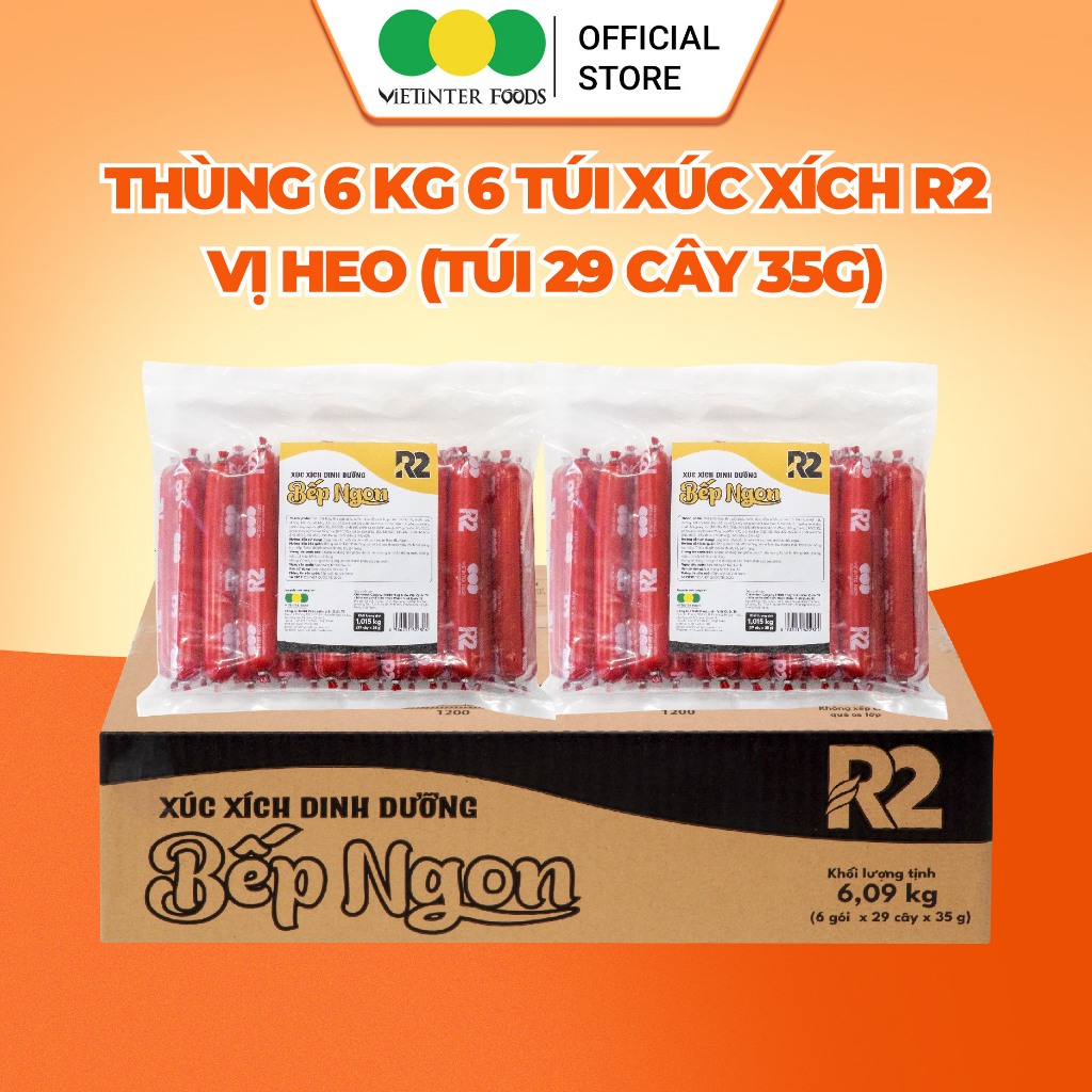 Thùng 6 Túi Xúc Xích Dinh Dưỡng Tiệt Trùng R2 Vietinter Foods (Túi 29 Cây, Cây 35g)
