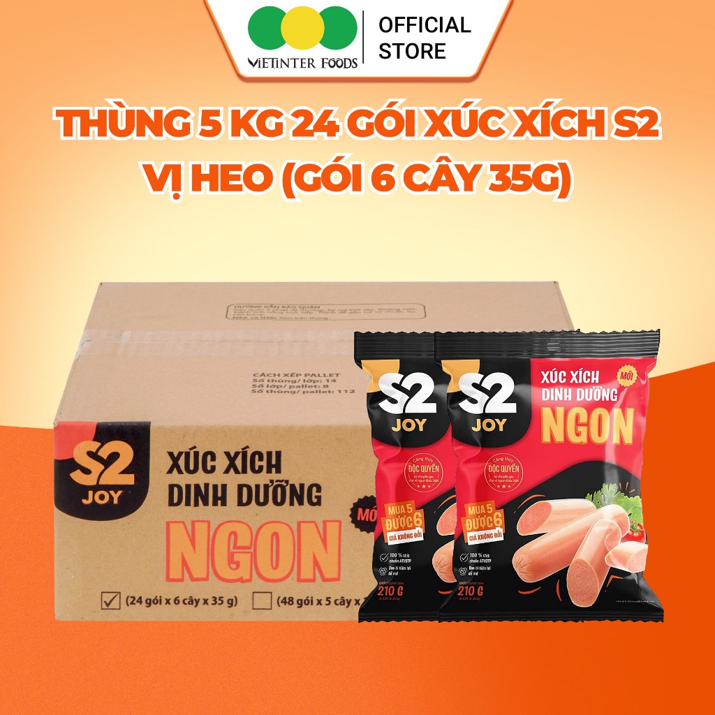 Thùng 24 Gói Xúc Xích Dinh Dưỡng Tiệt Trùng S2 Vietinter Foods (Gói 6 Cây, Cây 35g)
