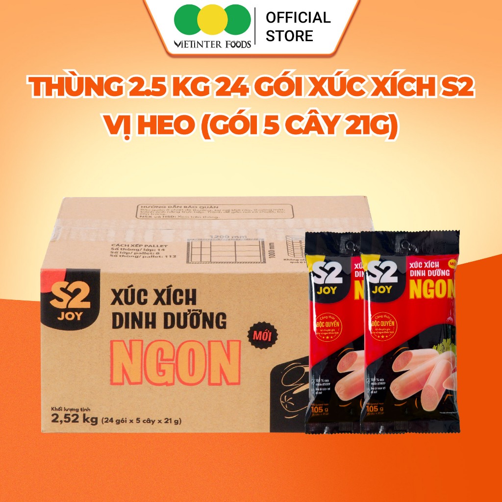Thùng 24 Gói Xúc Xích Dinh Dưỡng Tiệt Trùng S2 Vietinter Foods (Gói 5 Cây, Cây 21g)