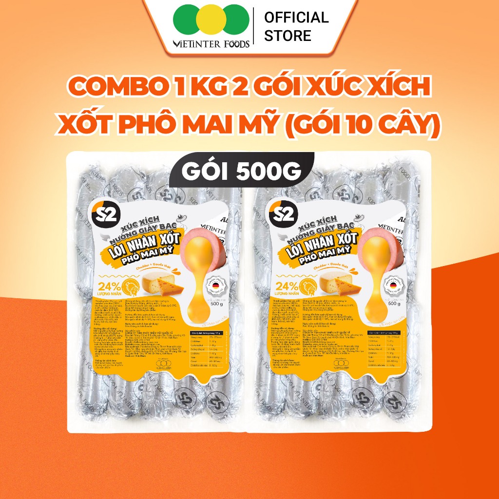 Xúc Xích Giấy Bạc Lõi Nhân Phô Mai Mỹ S2 Vietinter Foods (Gói 250g-500g)