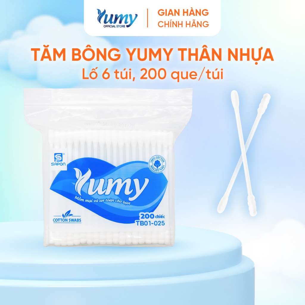 Combo 24 gói Tăm bông YUMY 200 que thân nhựa chính hãng 2 đầu bông mềm an toàn đa dụng (TB01-025)