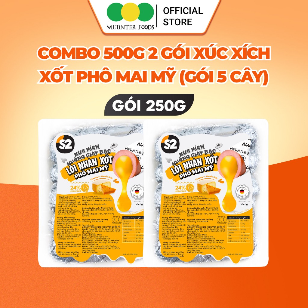 Xúc Xích Giấy Bạc Lõi Nhân Phô Mai Mỹ S2 Vietinter Foods (Gói 250g)