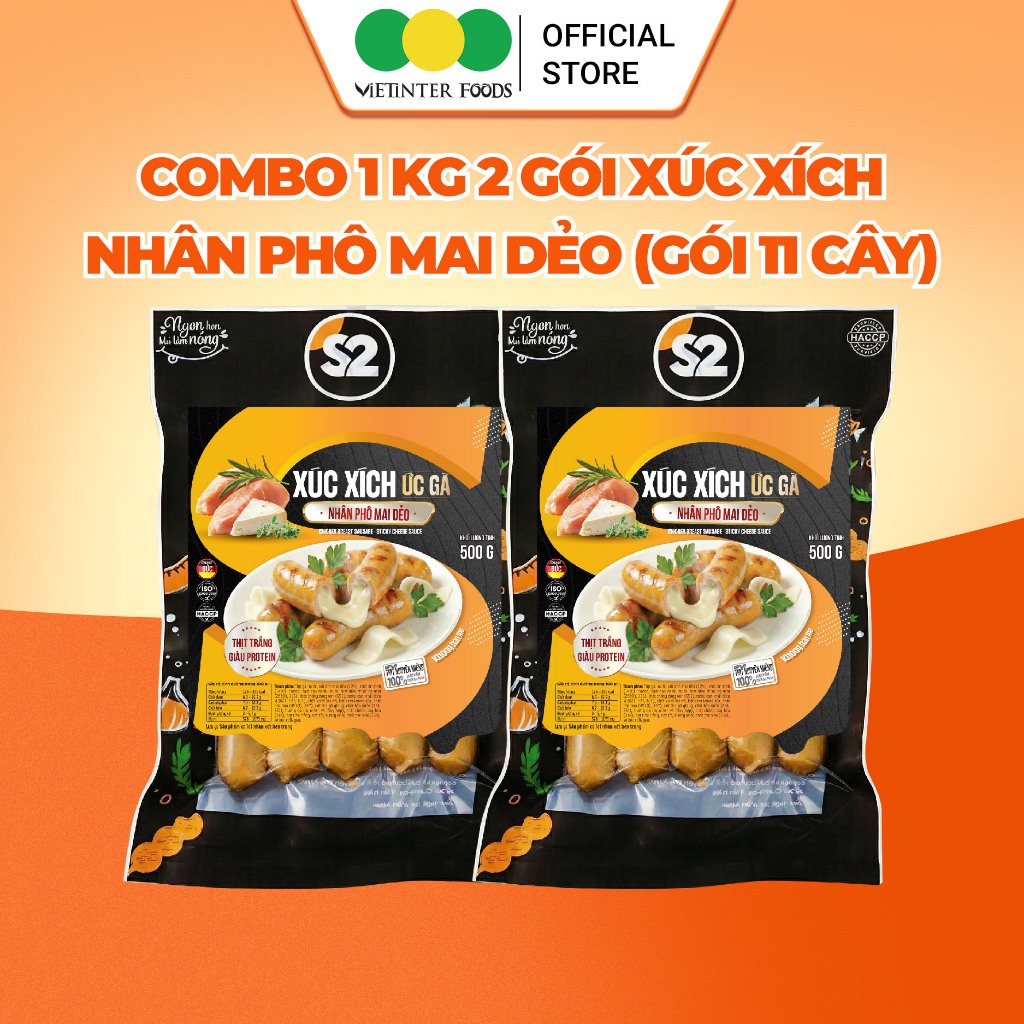 Xúc Xích Ức Gà Lõi Nhân Phô Mai Dẻo S2 Vietinter Foods (Gói 500g)