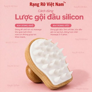 Lược Gội Đầu Tay Cầm Gỗ Sồi Loại 1 Massage Đầu Giảm Gàu Giúp Kích Thích Mọc Tóc Hiệu Quả - Lược Gội Đầu Silicon Loại 1